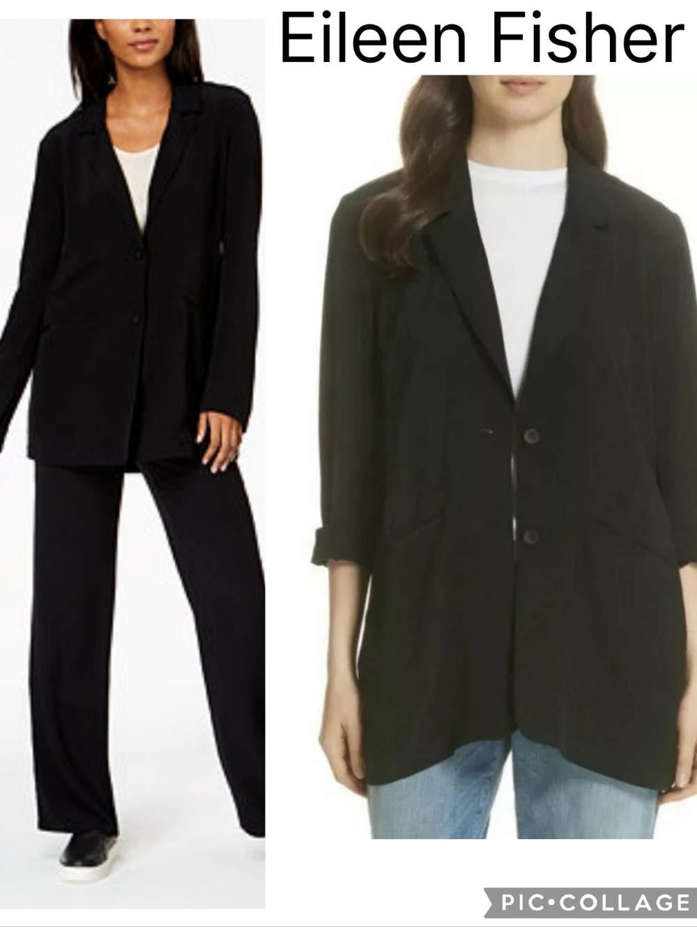 Eileen Fisher Black Crepe Blazer Notch Collar Long Jacket Lyocell Viscose Sz S